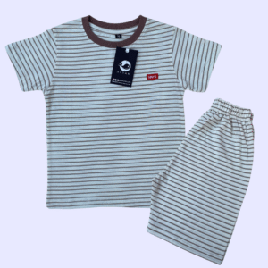 Elegant Striped Kids T-shirt & Shorts Set - Off-White & Brown