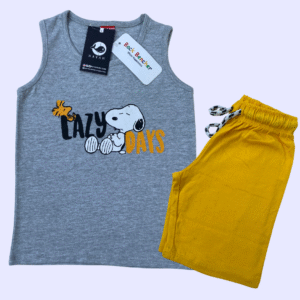 Snoopy "Lazy Days" Kids Vest & Shorts Set - Grey & Yellow
