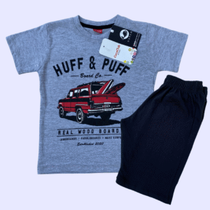 "Huff & Puff" Surfer Vibe Kids T-shirt & Shorts Set - Grey & Black