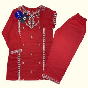 Elegant Embroidered Red Lawn Kurta Set