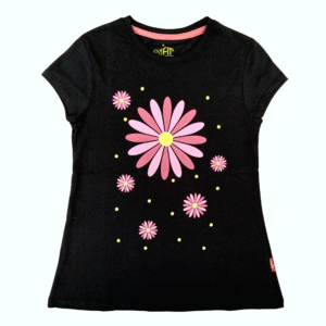Floral Daisy Print Girls T-shirt - Black